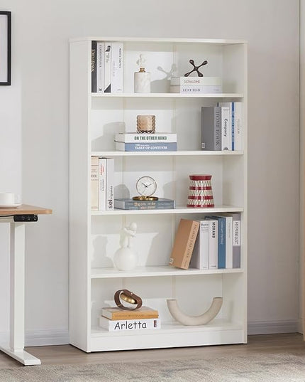 STARY 5 Shelf White Bookcase 60 inch Tall Wood Bookshelf for Bedroom - LeafyLoom