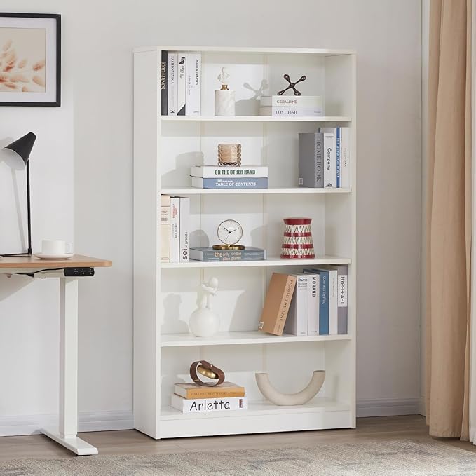 STARY 5 Shelf White Bookcase 60 inch Tall Wood Bookshelf for Bedroom - LeafyLoom