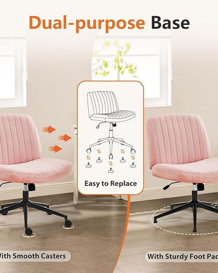Sweetcrispy Criss Cross Office Chair with Wheels, Wide Armless Home Office Desk Chair with Dual-Purpose Base, Swivel Adjustable Teddy Fabric Task Vanity Computer Chair, Teddy Pink - LeafyLoom