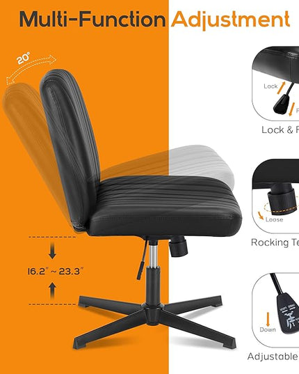 Criss Cross Chair, Cross Legged Office Chair, Wide Comfty Desk Chair, No Wheels Armless Computer Task Chair, Swivel Vanity Home Chair, Height Adjustable - LeafyLoom