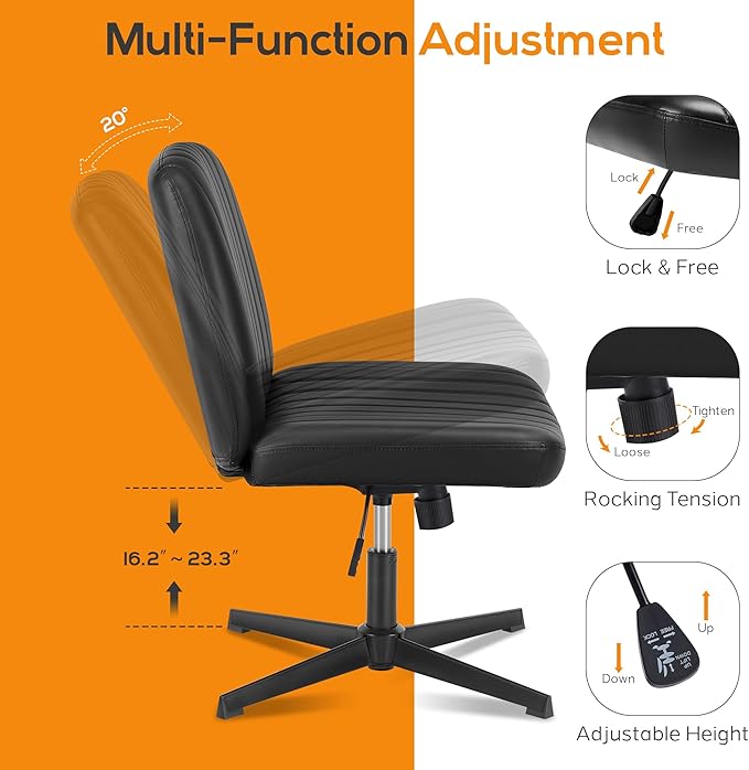 Criss Cross Chair, Cross Legged Office Chair, Wide Comfty Desk Chair, No Wheels Armless Computer Task Chair, Swivel Vanity Home Chair, Height Adjustable - LeafyLoom