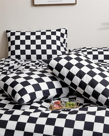 Black White Grid Comforter Set Cal King Black Plaid Bedding Set Women Black and White Checkered Bed Comforter Set Breathable Blanket Set Men Durable Bedding Comforter Set - LeafyLoom