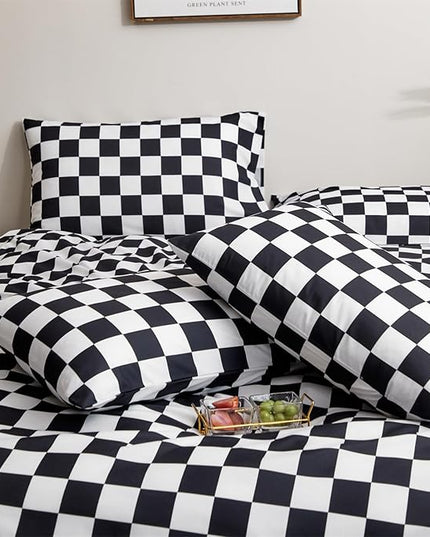 Black White Grid Comforter Set King Black Plaid Bedding Set Women Black and White Checkered Bed Comforter Set Breathable Blanket Set Men Durable Bedding Comforter Set - LeafyLoom