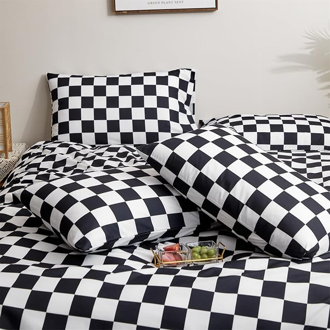 Black White Grid Comforter Set King Black Plaid Bedding Set Women Black and White Checkered Bed Comforter Set Breathable Blanket Set Men Durable Bedding Comforter Set - LeafyLoom