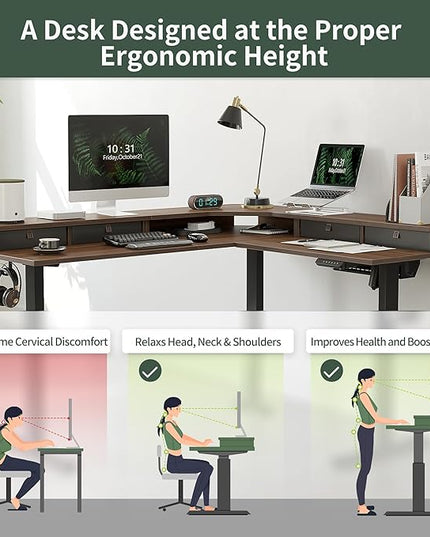 FEZIBO 63" L Shaped Standing Desk with 4 Drawers, Electric Standing Gaming Desk Adjustable Height, Corner Stand up Desk with Splice Board, Black Frame/Black Walnut Top - LeafyLoom