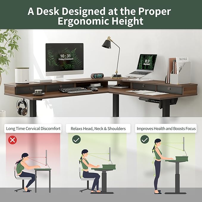 FEZIBO 63" L Shaped Standing Desk with 4 Drawers, Electric Standing Gaming Desk Adjustable Height, Corner Stand up Desk with Splice Board, Black Frame/Black Walnut Top - LeafyLoom