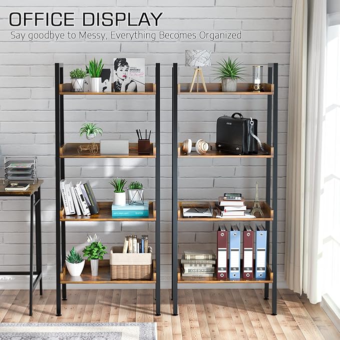 ASTARTH 4 Tier Bookshelves Ladder Bookshelf w/Open Shelf for Storage, Ladder Shelf & Bookcases for Bedroom, Living Room, Kitchen, Small Space-56.7'' H, Easy Assembly, Rustic Brown - LeafyLoom