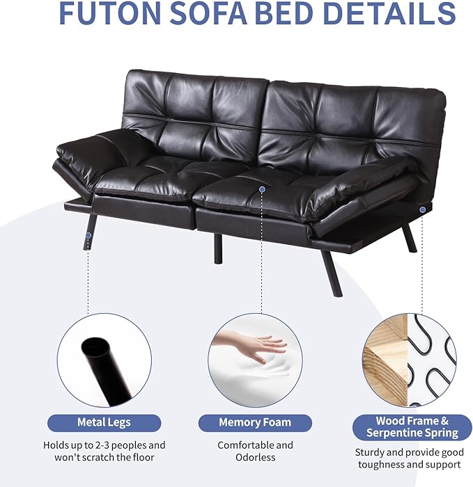 MUUEGM Futon Sofa Bed,Convertible Adjustable Backrest Armrests Memory Foam Couch Bed, Modern Faux Leather Futon Sleeper Couch Loveseat for Living Room,office,Apartment,Small Space,Black - LeafyLoom