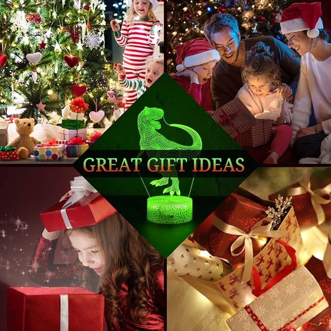 LETOUR Night Light for Kids Dinosaur 3D Night Light Porpoise Illusion Lamp with Remote Control 16 Color Changing Xmas Halloween Birthday Gift for Child Baby Boy (Remote - Ice Crack Base) - LeafyLoom
