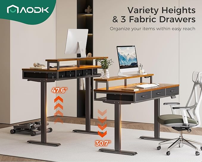 AODK 55 Inch Electric Standing Desk with 3 Drawers, Brown, Height Adjustable Desk with Power Outlets & LED Lights, Stand Up Desk with Monitor Shelf, Sit Stand Desk Computer Workstation - LeafyLoom