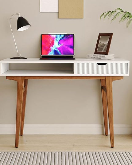 White Computer Desk with Drawers - 45 inch Minimalist Small Solid Wood Mid-Century Modern Office Desk for Home - Boho Style Writing Table with Open Storage,Light Wooden Desk Workspace - LeafyLoom