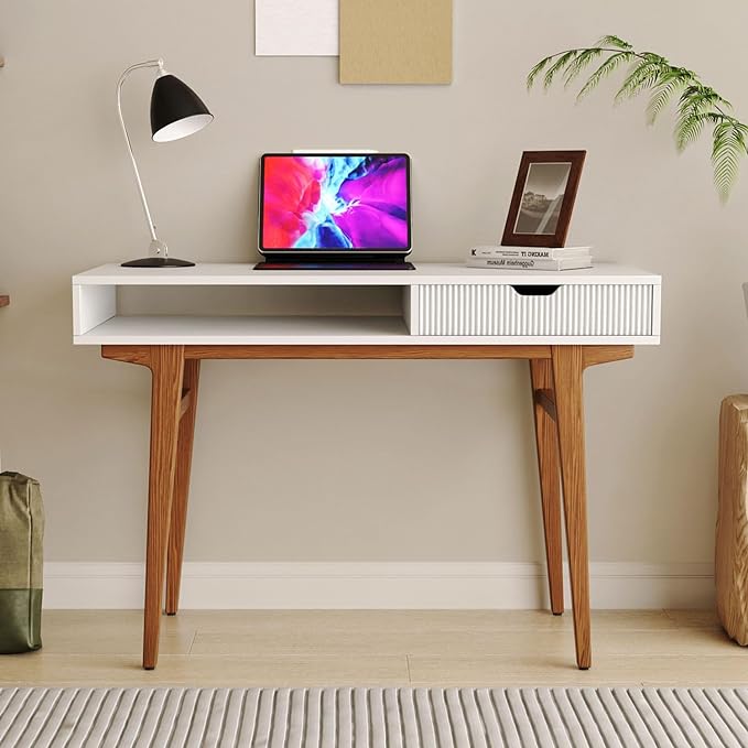 White Computer Desk with Drawers - 45 inch Minimalist Small Solid Wood Mid-Century Modern Office Desk for Home - Boho Style Writing Table with Open Storage,Light Wooden Desk Workspace - LeafyLoom