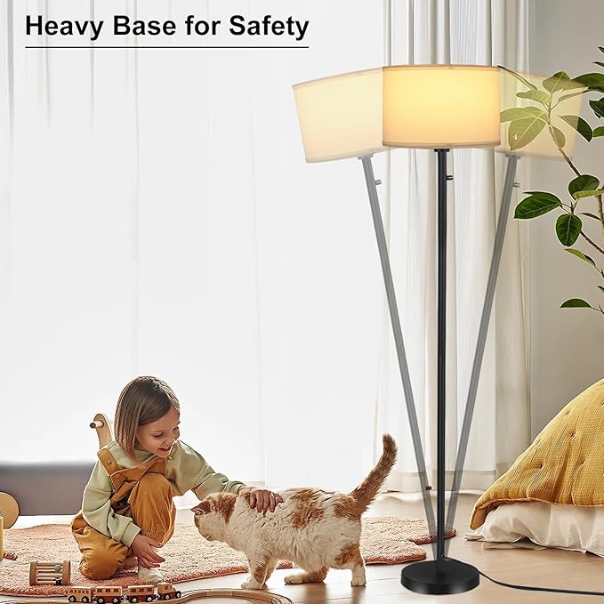 Floor Lamps for Living Room, Stepless Dimmable Standing Lamp, Modern Floor Lamp with Rotary Switch, White Linen Shade, 9W Led Bulb Included(1000LM,2700K), Tall Lamp for Bedroom, Office, Farmhouse - LeafyLoom