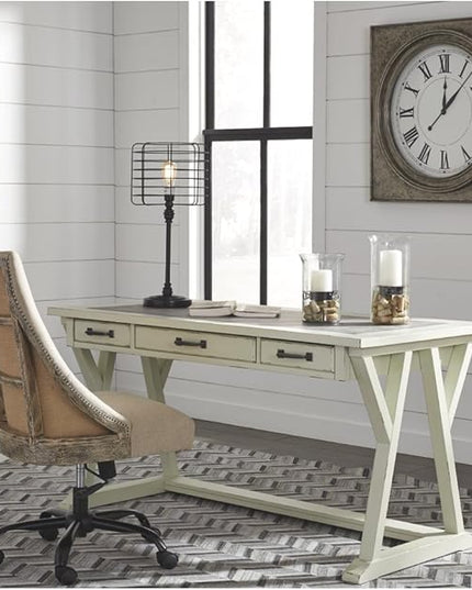 Signature Design by Ashley Jonileene Farmhouse Home Office Desk with Drawers, White & Gray - LeafyLoom