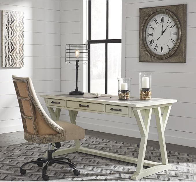 Signature Design by Ashley Jonileene Farmhouse Home Office Desk with Drawers, White & Gray - LeafyLoom