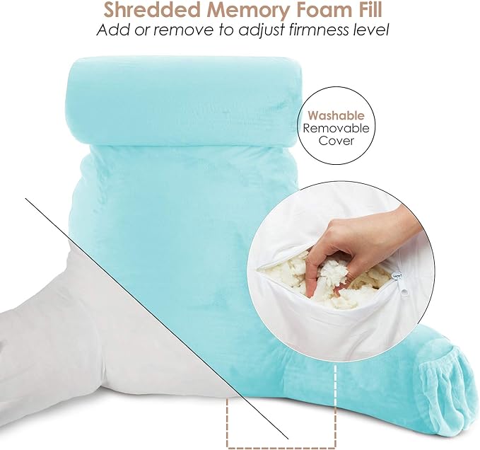 Clara Clark Reading Pillow, Large Back Pillow for Sitting Up in Bed, Memory Foam Back Support Pillow, Reading Pillows for Sitting in Bed Adult, Light Blue Sit Up Pillow for Bed with Arms and Pockets - LeafyLoom