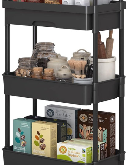 3-Tier Rolling Cart，Trolley with Drawer, Multifunctional Storage Organizer with Plastic Shelf & Metal Wheels, Kitchen Storage Cart for Living Room, Kitchen, Office, Bathroom, Black - LeafyLoom