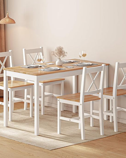 sogesfurniture 5-Piece Dining Table Set, Pine Wood Kitchen Table with 4 Chairs,Indoor Modern Rectangular Dining Table Furniture Set for Kitchen, Dining Room, Dinette, Breakfast Nook, Oak&White - LeafyLoom