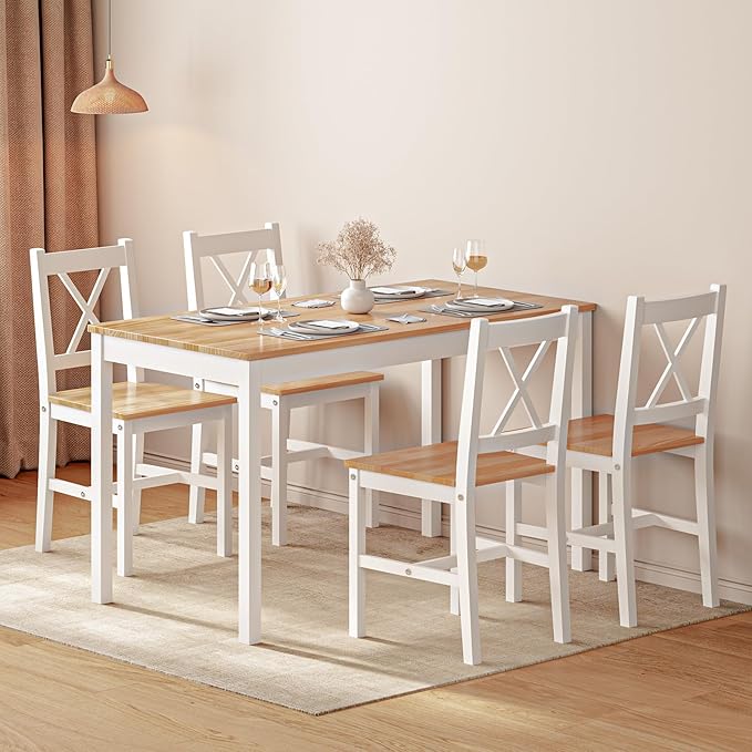 sogesfurniture 5-Piece Dining Table Set, Pine Wood Kitchen Table with 4 Chairs,Indoor Modern Rectangular Dining Table Furniture Set for Kitchen, Dining Room, Dinette, Breakfast Nook, Oak&White - LeafyLoom