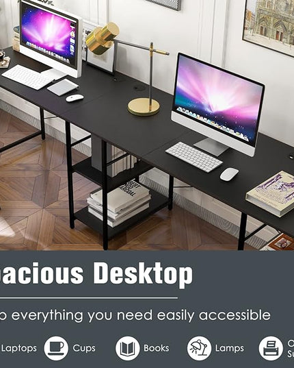 L-Shaped Home Office Desk, Corner Computer Desk w/Monitor Stand, Reversible PC Desk w/Heavy-Duty Metal Frame, Long Office Desk for 2 Person, Space-Saving Design (Black) - LeafyLoom