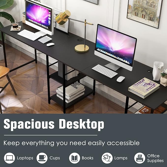 L-Shaped Home Office Desk, Corner Computer Desk w/Monitor Stand, Reversible PC Desk w/Heavy-Duty Metal Frame, Long Office Desk for 2 Person, Space-Saving Design (Black) - LeafyLoom