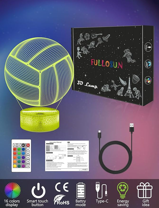 FULLOSUN Volleyball Gift, Kids Volleyball Night Light (with Remote Control), 3D Illumination Lights Boys Gift 16 Colors Changeable Kids Room Lighting Creative Decoration... (Volleyball) - LeafyLoom