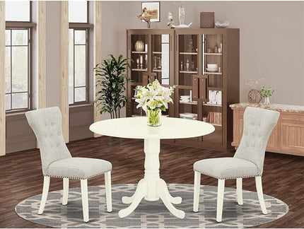 East West Furniture Dublin 3 Piece Room Furniture Set Contains a Round Dining Table with Dropleaf and 2 Doeskin Linen Fabric Upholstered Parson Chairs, 42x42 Inch, DLGA3-WHI-35 - LeafyLoom