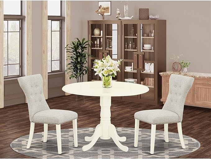 East West Furniture Dublin 3 Piece Room Furniture Set Contains a Round Dining Table with Dropleaf and 2 Doeskin Linen Fabric Upholstered Parson Chairs, 42x42 Inch, DLGA3-WHI-35 - LeafyLoom