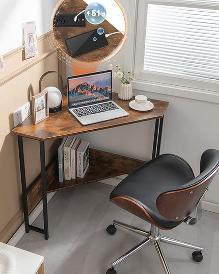Corner Desk with Charging Station & USB Port, 90-degree Triangle Computer Workstation w/Storage Shelf, Metal Frame, Space-saving Laptop PC Desk for Small Space, Home Office (Rustic Brown) - LeafyLoom