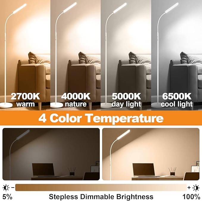 Floor Lamp White, Upgrade 18W 1800LM Super Bright LED Floor Lamp with Remote, Dimmable Timing Eye Caring Reading Light Modern Standing Floor Lamp for Living Room Bedroom Office - LeafyLoom