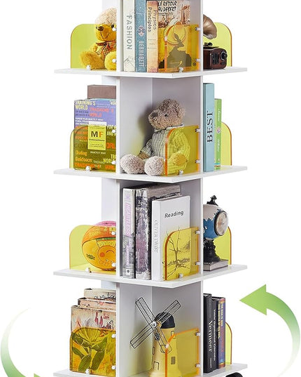 VECELO 4 Tier Rotating Bookshelf,360° Corner Display Shelf with Wheels, Book Storage with Acrylic Windows for Home Office, Living Room, Study Room, Bedroom, Small Footprint Large Capacity, White - LeafyLoom