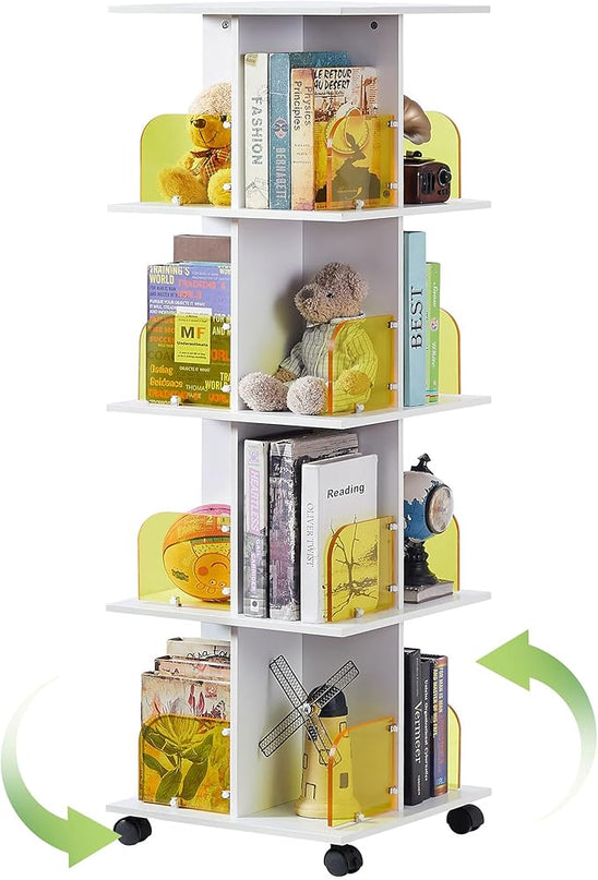 VECELO 4 Tier Rotating Bookshelf,360° Corner Display Shelf with Wheels, Book Storage with Acrylic Windows for Home Office, Living Room, Study Room, Bedroom, Small Footprint Large Capacity, White - LeafyLoom