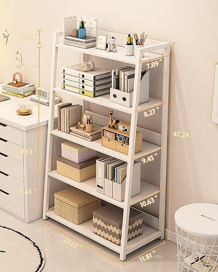 IOTXY 5-Tier Ladder Shelf Bookcase - Wooden Open Bookshelf with Metal Frame, Display Rack for Living Room, Bedroom, Kitchen, and Home Office, White - LeafyLoom
