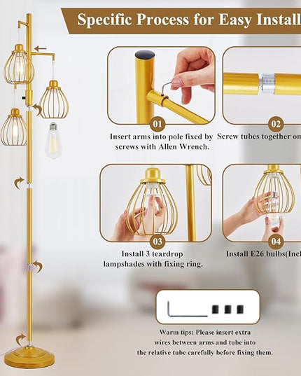 Dimmable Industrial Floor Lamp, Farmhouse Floor Lamps with 3 Elegant Teardrop Cages, Gold Rustic Floor Lamps Tall Retro Pole Lamp for Farmhouse Living Room Bedroom Office, LED Bulbs Included - LeafyLoom