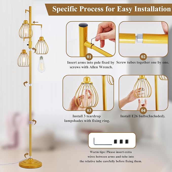 Dimmable Industrial Floor Lamp, Farmhouse Floor Lamps with 3 Elegant Teardrop Cages, Gold Rustic Floor Lamps Tall Retro Pole Lamp for Farmhouse Living Room Bedroom Office, LED Bulbs Included - LeafyLoom