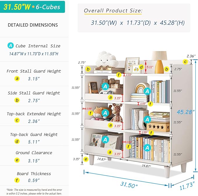 Wooden Cube Bookcase with Legs - 3-Tier Open Shelf Kidsroom Sorted Storage Cabinet Organizer for Books and Toys, 6-Cube Lattice Cute Cubby Bookshelf in Pearl White, 32" W - LeafyLoom