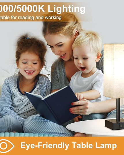 Bedside Table Lamp with 3 Color Temperatures - 3000/4000/5000K Small Lamp with USB C+A Ports, Nightstand Lamp with 3 Color Modes by Pull Chain, Bedroom Lamp for Living Read Work(LED Bulb Included) - LeafyLoom