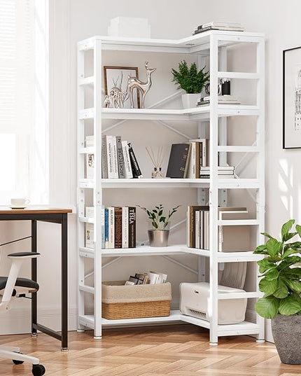NUMENN 5 Tier Corner Bookshelf, Modern Corner Bookcase, Large Open Shelf Bookcase, Tall Bookshelves Storage Display Rack for Bedroom, Living Room and Home Office, White - LeafyLoom