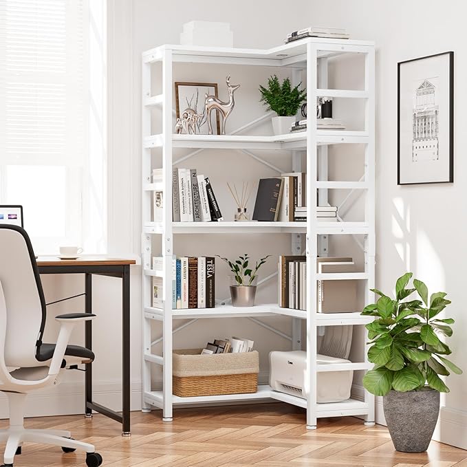 NUMENN 5 Tier Corner Bookshelf, Modern Corner Bookcase, Large Open Shelf Bookcase, Tall Bookshelves Storage Display Rack for Bedroom, Living Room and Home Office, White - LeafyLoom