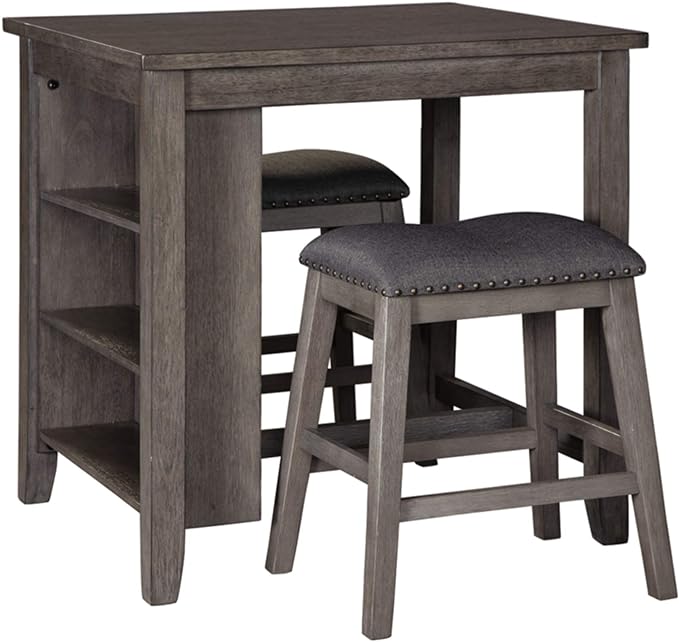 Signature Design by Ashley Caitbrook 25" Counter Height Dining Room Table Set with 2 Saddle Barstools & Storage, Gray - LeafyLoom