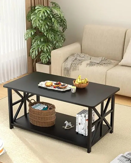 GreenForest Coffee Table with Round Corner, Farmhouse Center Table with 2-Tier Storage Shelf X-Frame Design for Living Room, 39 inch Black - LeafyLoom