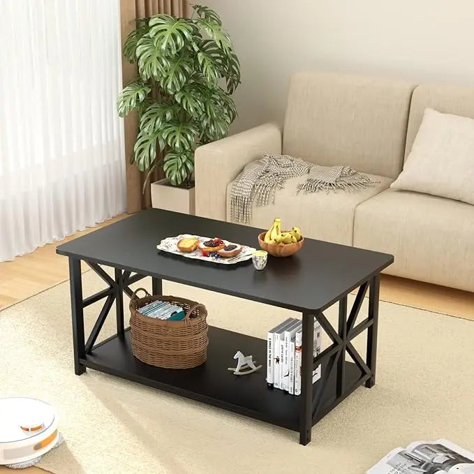 GreenForest Coffee Table with Round Corner, Farmhouse Center Table with 2-Tier Storage Shelf X-Frame Design for Living Room, 39 inch Black - LeafyLoom
