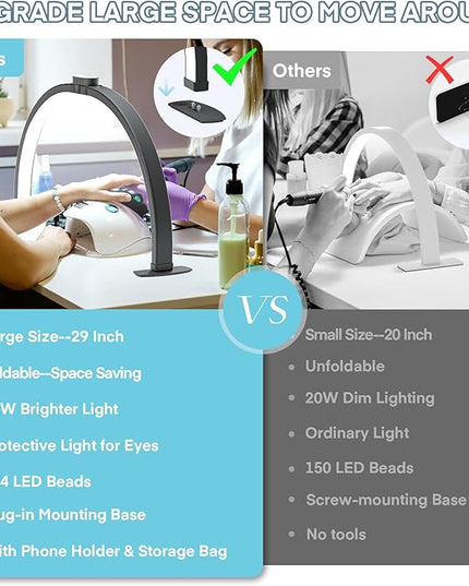 MYSWEETY Foldable Half Moon Light for Nail Desk, 29 Inch Led Nail Tech Desk Lamp, Half Moon Table Lamp with Phone Holder, Esthetician Lash Light for Eyelash Extensions, Tattoo, Eyebrow(Black) - LeafyLoom