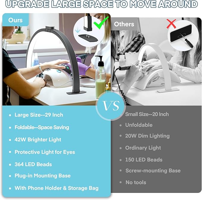 MYSWEETY Foldable Half Moon Light for Nail Desk, 29 Inch Led Nail Tech Desk Lamp, Half Moon Table Lamp with Phone Holder, Esthetician Lash Light for Eyelash Extensions, Tattoo, Eyebrow(Black) - LeafyLoom