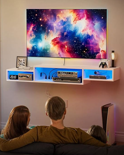 FABATO 59'' Floating TV Stand with LED Light Power Outlet, Floating Shelf for Under TV Wall Mount with Storage Shelf, Media Console Entertainment Center for Living Room, White - LeafyLoom