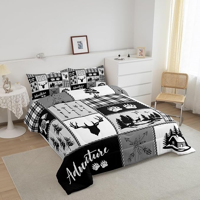 Deer Bear Comforter Set Full Size,Pine Trees Christmas Bedding Set for Kids Boys Girls Adults Room Decor,Camping Adventure Rustic Farmhouse Down Comforter,Black Retro Duvet Insert,2 Pillowcases - LeafyLoom