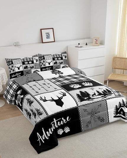 Deer Bear Comforter Set Queen Size,Pine Trees Christmas Bedding Set for Kids Boys Girls Adults Room Decor,Camping Adventure Rustic Farmhouse Down Comforter,Black Retro Duvet Insert,2 Pillowcases - LeafyLoom