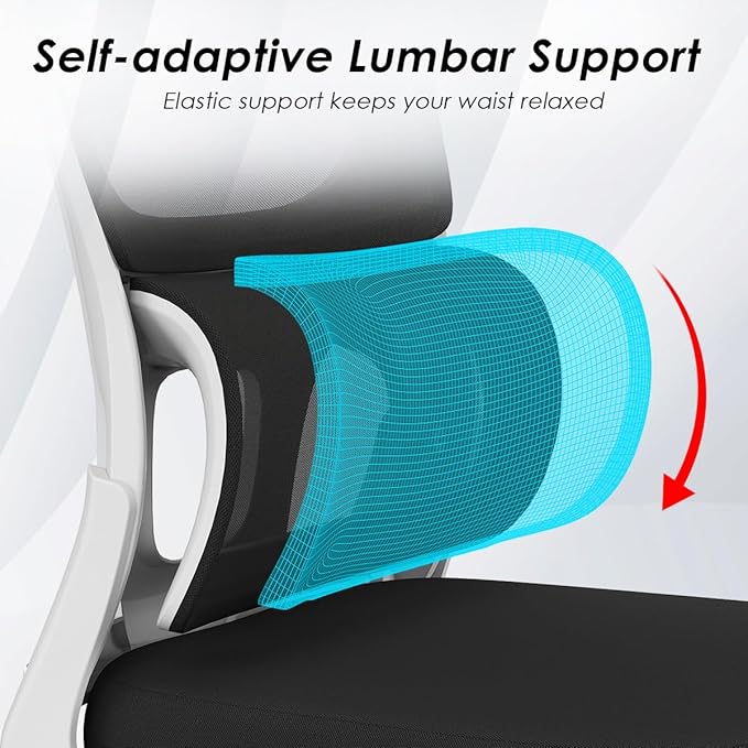 Soohow Ergonomic Home Office Chair, Mesh Desk Chair with Lumbar Support, Comfy Computer Desk Chair with Flip Armrest Rolling Wheels, White. - LeafyLoom