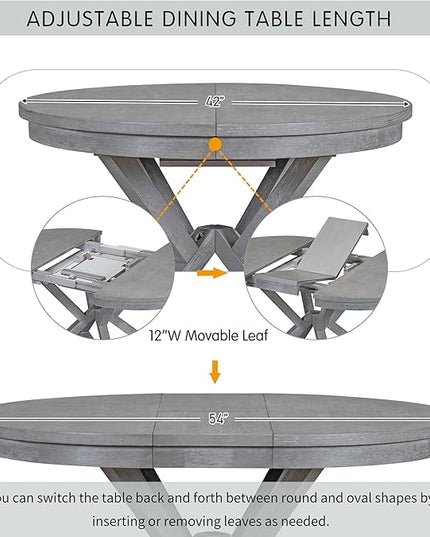 NicBex Dining Table for 4 Kitchen Table and Chairs 5-Piece Retro Functional Dining Table Set Extendable Round Table and 4 Upholstered Chairs for Dining Room and Living Room, Grey - LeafyLoom