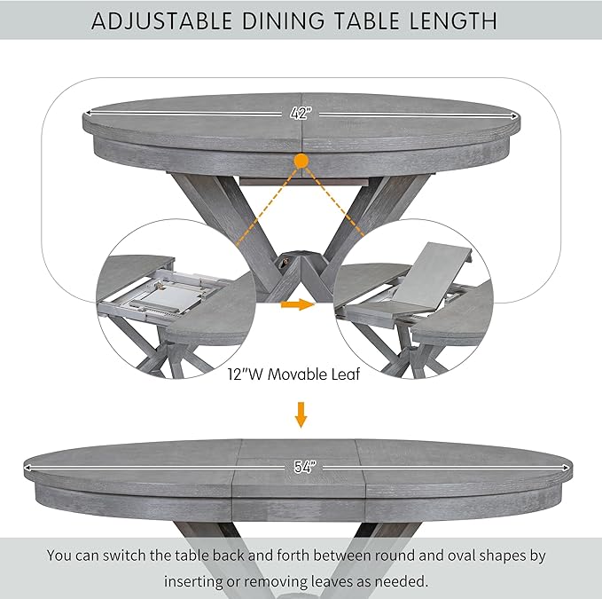 NicBex Dining Table for 4 Kitchen Table and Chairs 5-Piece Retro Functional Dining Table Set Extendable Round Table and 4 Upholstered Chairs for Dining Room and Living Room, Grey - LeafyLoom